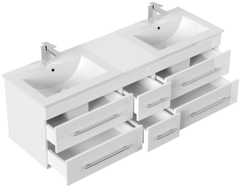 Magnolia Home Badmöbelset Roma XL 4-teilig LED-Spiegel Hochschrank 3er Boxen Farbe Weiss Hochglanz