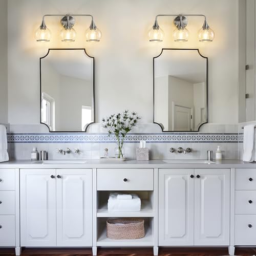 Image of Brushed Nickel Bathroom Vanity Light 3 Lights Bathroom Light Fixtures Over Mirror with Clear Glass Shade 22.4 inch Wall Sconces Lighting Bath(Exclude E26 Bulb)