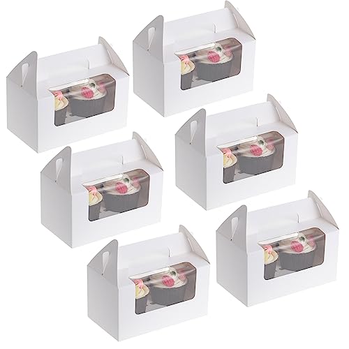 Coolty 50pcs Cajas para Tartas 2 Agujeros Cajas para Cupcakes con Asa para Embalaje Panadería Pastelería Galletas Magdalenas Cupcakes Postres Tartas (Blanco)