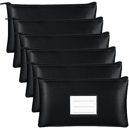Paterr 6 Pcs Money Bags with Zipper PU Leather Deposit Bank Bag Security Money Pouch Receipt Holder Bank Bag Wallet with Label for Cash Coin Makeup Cosmetics Bills Tickets, 11 x 6 Inch(Black)