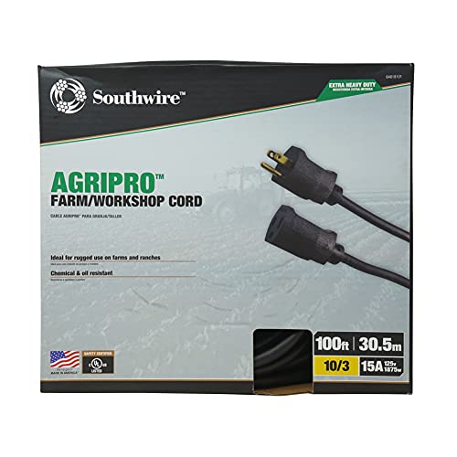Southwire AGRIPRO 10/3 Extra Heavy Duty Extension Cord, 100ft, Farm/Workshop Cord, SJTOW, Black, 64818101