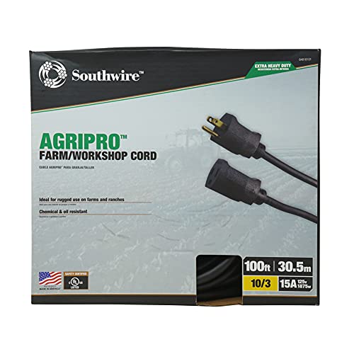 southwire 10 3 - AgriPro Southwire 64818101, 10 gauge, 3 conductor, 100 Foot, UL Listed, Extra Heavy-Duty 15 Amp SJTOW Made in the USA Farm/Workshop Extension Cord, Black, 100-Foot