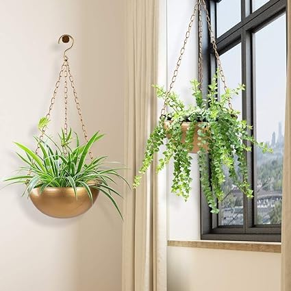 Decorate Dreams Wall Ceiling Hanging Metal Planter for Plants Indoor Living Room Balcony Patio Garden Home Decoration | Long Chain Included - Set of 2 (Gold) (B0CQYDRMKM) Amazon Price History, Amazon Price Tracker