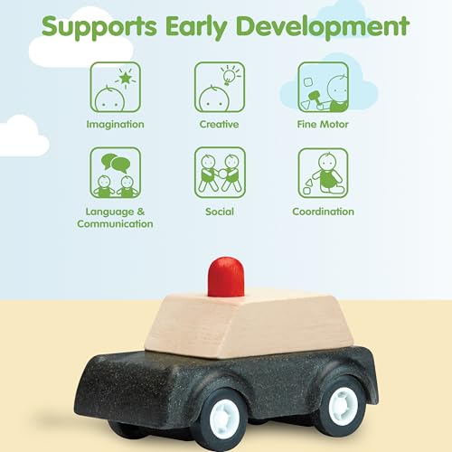 Image of PlanToys Police Car Wooden Montessori Vehicle Kids Indoor Outdoor Play Toy | rolling wheels, police car toy, girls, boys, imaginative early movement, practical life fine motor gift preschool learning
