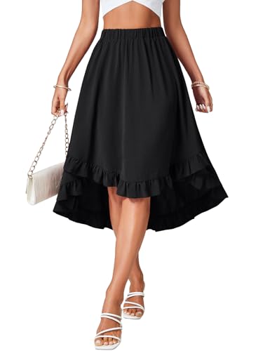 LYANER Women's Asymmetrical High Low Ruffle Hem Ruched Elastic Waist Boho Midi Skirt