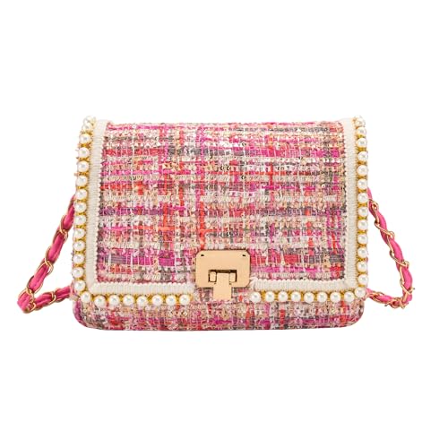 Shoulder Bag Chain Purse for Women, Fashion Clutch Crossbody Bag Retro Tweed Pearl Underarm Bag Square Satchel Handbag