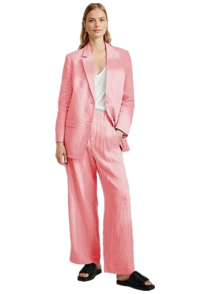 Womens 2 Piece Outfits Linen Suit Blazer and Wide Pants Set Business Beach Wedding