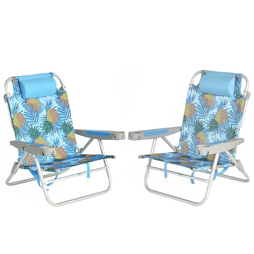 Image of SUNNYFEEL Extra Wide Low Beach Chair 2 Pack 5 Position Lay, XL Oversized Portable Folding Camping Chairs with Cup Holder for Outdoor /Sand, Foldable Backpack Beach Chair for Adults Heavy Duty 500 LBS