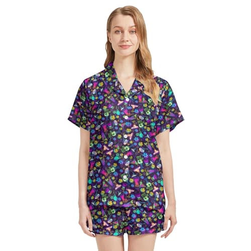 Image of Funny Satin Pajamas Set for Women Button Down Sleepwear Print Pjs Set 2 Piece Short Sleeve Loungewear Gift for Women