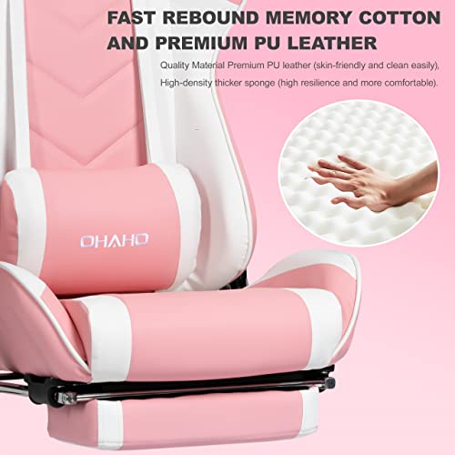Ohaho Gaming Chair Racing Style Office Chair Adjustable Massage Lumbar Cushion Swivel Rocker Recliner Leather High Back Ergonomic Computer Desk Chair With Retractable Arms And Footrest (Pink/White) #TOP2