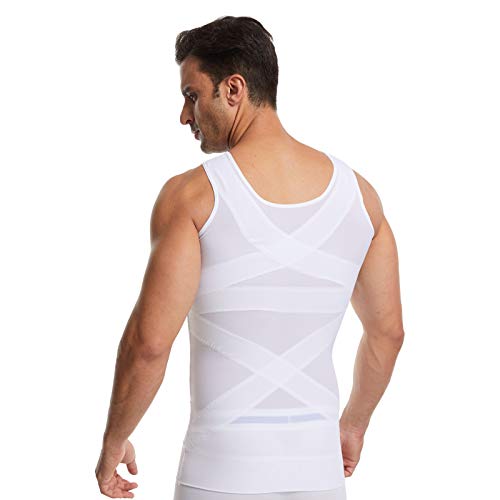 Body Shaper Slimming Colete Tank Top Barriga Compressão Camisa Cueca Moobs Binder (branco, M)