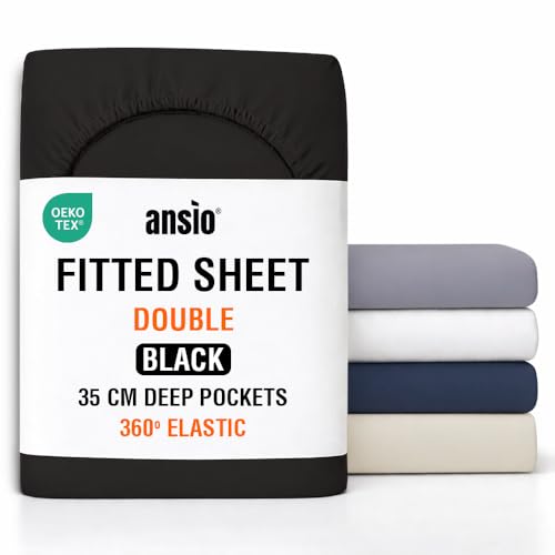 ANSIO Double Fitted Sheet Soft Brushed Microfibre Fabric Extra Deep Pocket 35cm All-Around Elastic OEKO-TEX Certified Easy Care & Naturally Smooth After Wash - Black
