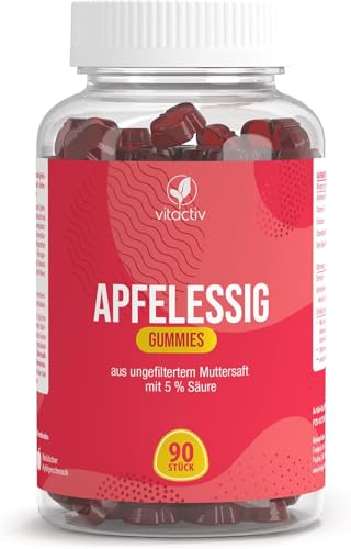 Vitactiv Apfelessig Gummies Hochdosiert (1000mg) 90 vegane Apfelessig Gummibärchen mit Essigmutter B12 & Folsäure Ohne Zuckerzusatz Für Stoffwechsel Verdauung & Wohlbefinden