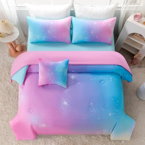 Image of 6 Pcs Girls Twin Comforter Set with Sheets Colorful Rainbow Pink Blue Ombre Kids Bedding Sets Tie Dye Galaxy Glitter Bed in A Bag for Bedroom (Pink Blue, Twin)