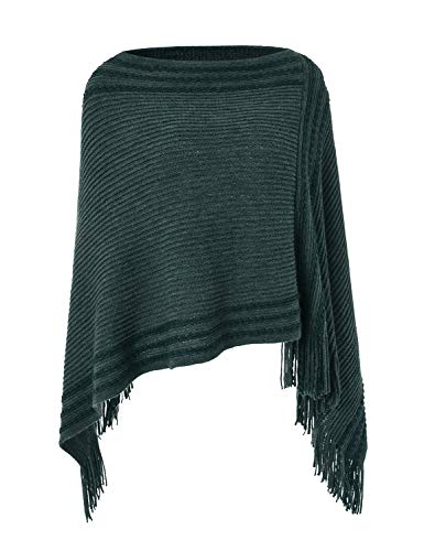 Ferand - Poncho Cape Rayé Pullover en Tricot Décontracté avec Franges - Femme - Taille Unique (Convient Mieux S - L) - Vert foncé Cover