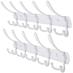 Dseap Wall Mounted Coat Rack – 5 Tri Hooks, Heavy Duty, Stainless Steel, Metal Coat Hook Rail for Coat Hat Towel Purse Robes Mudroom Bathroom Entryway (White, 2 Packs)