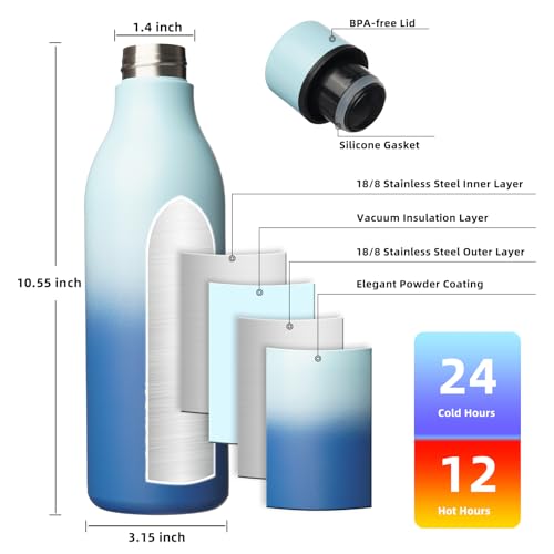 Image of BJPKPK Insulated Water Bottles, 25 oz Stainless Steel Metal Water Bottle with Strap, BPA Free Leak Proof Jugs, Mugs, Flasks, Reusable Thermal Flasks for Sports & Travel, Sky