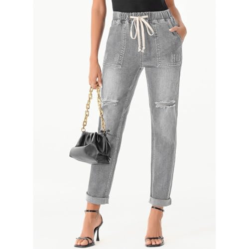 fanmpghleoo Straight Leg Jeans for Women Drawstring Elastic Waist Jeans Baggy Pull On High Waisted Denim Joggers with Pockets3