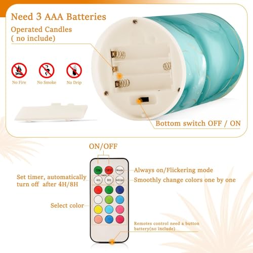 Image of Turquoise Green Marble Flickering Flameless Candles LED Battery Operated with Remote Timer Pillar Candles for Home Birthday Wedding Christmas Decor, Set of 2