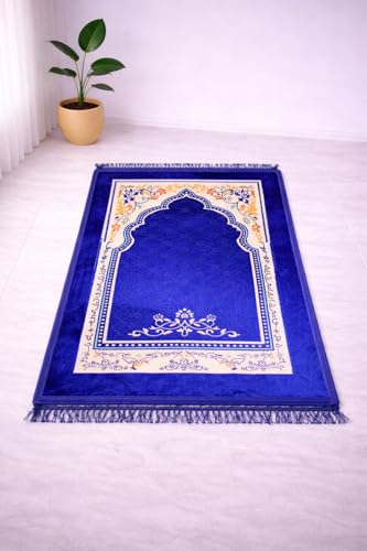 Image of DEESAK Janamaz Prayer Mat Turkey Soft Velvet | Namaz Mat, Janimaz Namaz Aasan, Islamic Prayer Rug for Salah | 70x110 CM (C Print Blue1)