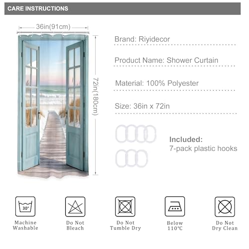 Image of Riyidecor Small Stall Blue Beach Shower Curtain 36Wx72H Inch Ocean Teal Barn Door Rustic Coastal Seaside Scenery Wood Hawaii Summer Beachy Path Bathroom Decor Fabric Polyester Waterproof 7 Pack Hooks