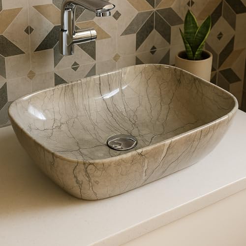 Image of Ceramic Tabletop Wash Basin - Glossy Rectangular Countertop Vessel Sink with Marble Finish for Bathroom & Vanity | Compact 18 x 13 x 5 Inch | Elegant Washbasin
