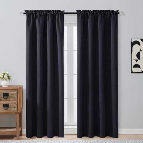 Image of Black Blackout Curtains 84 Inches Long 2 Panels Set, Solid Thermal Insulated Soft Blackout Curtains for Bedroom, Dual Rod Pocket Window Treatments Drapes for Living Room, 2x50Wx84L Inches