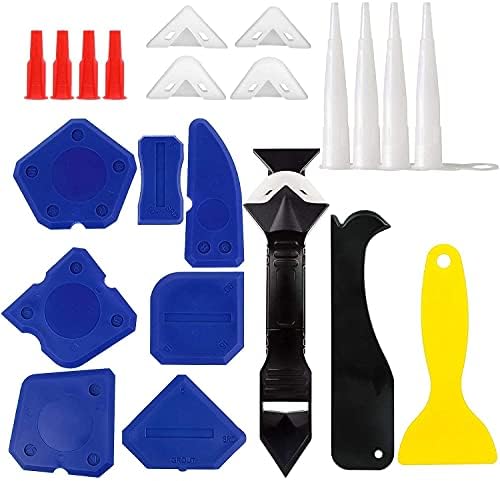 23PCS Caulking Tool Kit, WOVTE Silicone Tool Kit with Caulk Remover Sealant Finishing Tool, 3 in 1 Grout Scraper Caulk Remover Nozzle and Caps 3 Replacement Pads Mastic Tools
