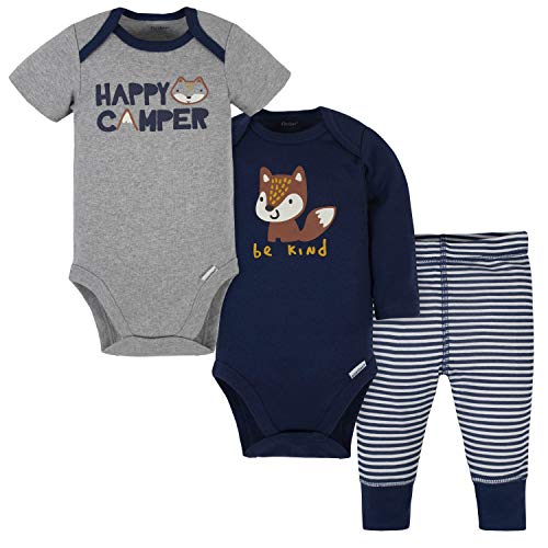 Gerber Baby Boys' 3-Piece Onesies Bodysuits and Pant Set, Blue Fox Print, 6-9 Months