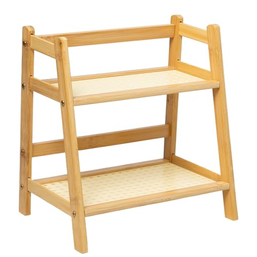 Pilikoll Porte Tasses Étagère Cuisine en Rotin et Bambou 2 Étages Porte Tasse de Café Organisateur de cuisine à 2 Niveaux en Bambou Imitation Rotin pour Salle à Manger(27x17.5x28.5cm)