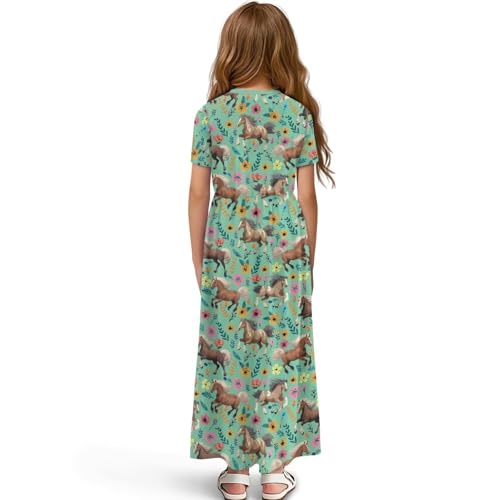 Girls Maxi Dress Kids Short Sleeve Round Neck Casual Dress with Pockets Floral Print Loose Summer Long Dresses2