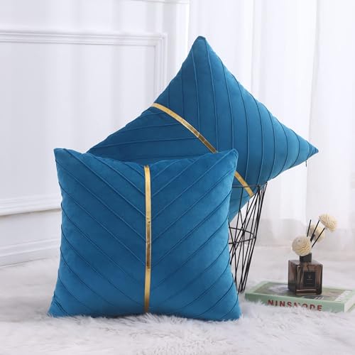 Tosleo Lake Blue Velvet Throw Pillow Covers 18x18 inch Pack of 2 with Gold Leather Decorative Couch Pillowcases Luxury Modern Pillow Cover for Living Room Bedroom Sofa Cushion Bed 45x45CM - Image 3