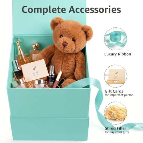 Image of LIFELUM Green Blue Gift Box with Magnetic Lid 10.2 x 10.2 x 10.2 inch, 1 Pack Square Gift Box with Shredded Paper Filler, Greeting Card, Ribbon for Presents, Birthday, Bridal Gifts, Wedding