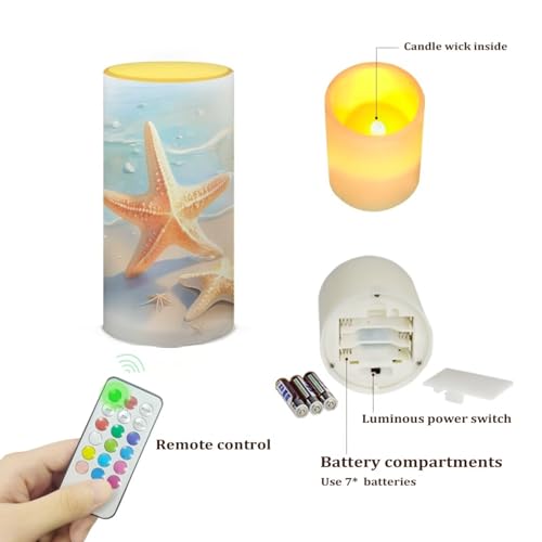 Image of Flameless Candle Battery Powered with Remote Control 12 Colors 4 /8 Hours Timer LED Night Lights Pillar Candle Tealights for Indoor Outdoor Home Wedding Decoration, Beach Starfish Blue