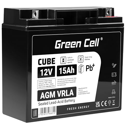 Green Cell Recambio de Batería Gel AGM 12V 15Ah Rechargeable Pila Sellada de Plomo ácido batería sin Mantenimiento Batería de Reemplazo para Moto eléctrica Carro de Golf Montacargas Silla de Ruedas