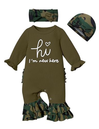 Image of KANGKANG Newborn Girl Clothes Onesie for Baby Girl Ruffle Romper Boho Infant Bell Bottom Jumpsuit with Headband Hat