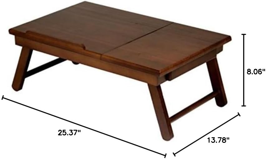 Convenient Flip Top Laptop Desk with Drawer - Solid Wood, Antique Walnut Finish - Ideal for Bed, Sofa, Pool - 25.37 x 13.78 x 8.06