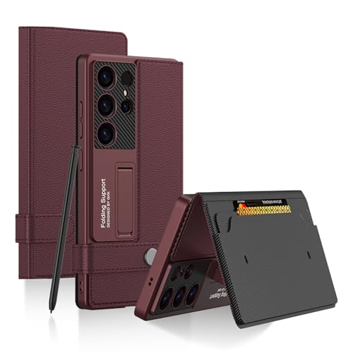 Image of Midkart Leather Flip Cover Compatible with Samsung Galaxy S25 Ultra with Card Holder Built-in Kickstand Magnetic Belt Lock Inner Hard PC with Full Body and Camera Protection, Burgundy