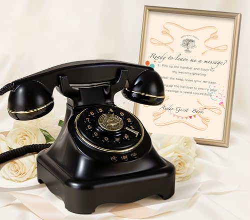 Image of RetroVox Audio Guest Book Wedding Phone Guestbook and Signage Guest Audio Message Book, Vintage Style for Wedding Reception, Bridal Shower, Baby Shower(Black & Sign Holder E)