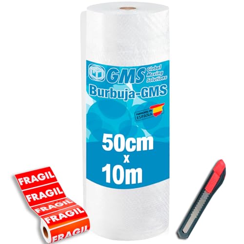 GMS - Rollo Burbuja 50cm x 10m + Cutter + Pegatinas Fragil - Rollo Burbuja Mudanza - Rollo Burbuja Embalaje - Burbuja Mudanza, Envio y Embalaje - Papel Burbuja (50cm x 10m+Cutter+ 10 Etiquetas)