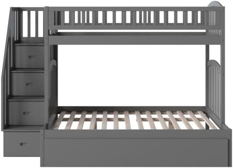 Pemberly Row Twin Over Full Bunk Bed, Solid Wood, Gray Finish, 68.5" H x 56.625" W x 97.5" D, Built-in Trundle, Staircase Storage, Kid-Friendly Design, USB Charging Station, Ideal for Kids or Guest