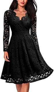MISSMAY Women's Vintage Floral Lace Long Sleeve V Neck Cocktail Formal Swing Dress (Large, D-Black-1)