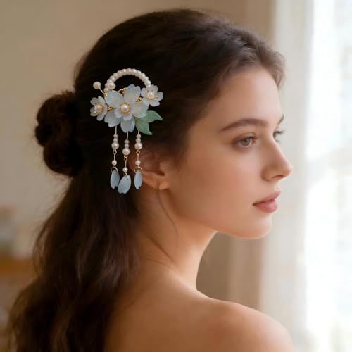 2 pinzas de pelo vintage azul con flor y perlas miniatura 6