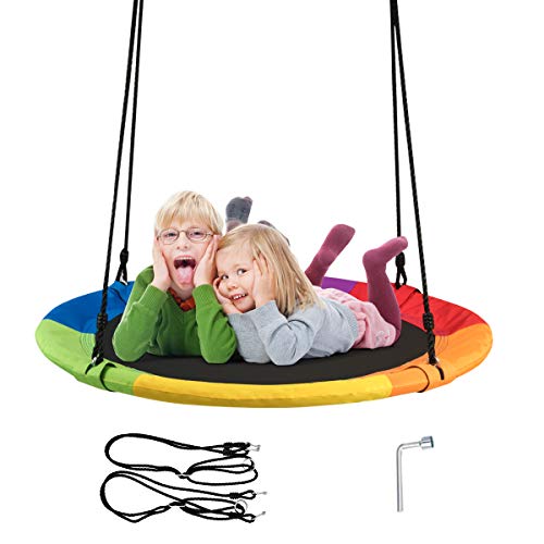 HONEY JOY 40 Inch Saucer Tree Swing, Indoor Outdoor Kids Swing Set,Height Adjustable Hanging Straps, Wear-Resistant & Water Proof Round Flying Saucer for Playground Backyard Playroom (Multicolor)