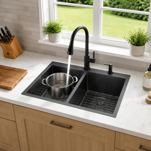 Image of SHACO 33x22 Inch 50 /50 Double Bowl Black Drop In Kitchen Sink, 33 Inch Gunmetal Black 16 Gauge Stainless Steel Top Mount Kitchen Sink with Grid and Accessories