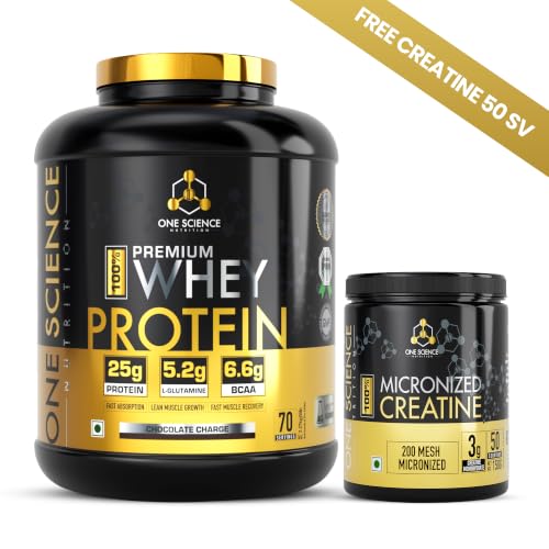Image of One Science Nutrition Whey Protein Powder Tiger Combo Pack - 25g Protein - Supports Muscle Gain, Strength & Endurance | Free 150g Creatine | Chocolate Charge, 2.27 kg