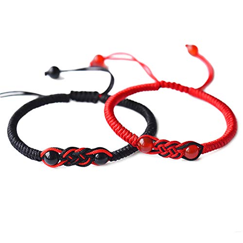 Men Women Hand-Woven Chinese Knot Black and Red Rope Couple Bracelets Natural Agate Stone Beads Braided Lucky Feng Shui Bracelet Love Jewelry