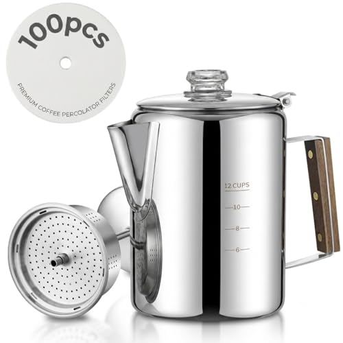 Image of Coffee Percolator with 100pcs Coffee Filters - 12 Cups | Durable Stainless Steel Material Camping Coffee Pot| Brew Coffee On Fire, Grill or Stovetop | Ideal for Home, Camping