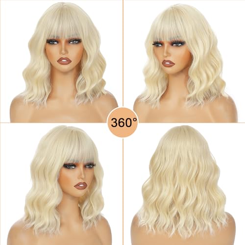 Image of AGO Blonde Wig with Bangs Short Curly Bob Wigs 14Inch Platinum Blonde Wigs Wavy Hair for Women Colorful Cosplay Wig Heat Resistant Fiber Hair for Daily Party Halloween Costume Use(60A /88#Blonde)
