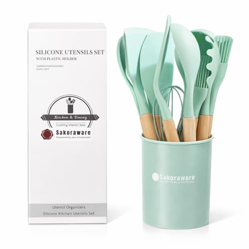 Image of Sakoraware Silicone Kitchen Utensils Spoon Spatula Cooking 12 Pcs Set | Baking Set | Non-Stick with Wooden Handle- BPA Free, Heat Resistant Item Flexible Non Toxic Silicon Cookware Tools with Holder
